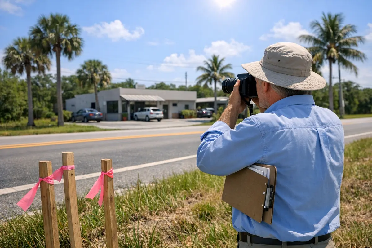 An appraiser photographing a roadside property next to right-of-way survey stakes