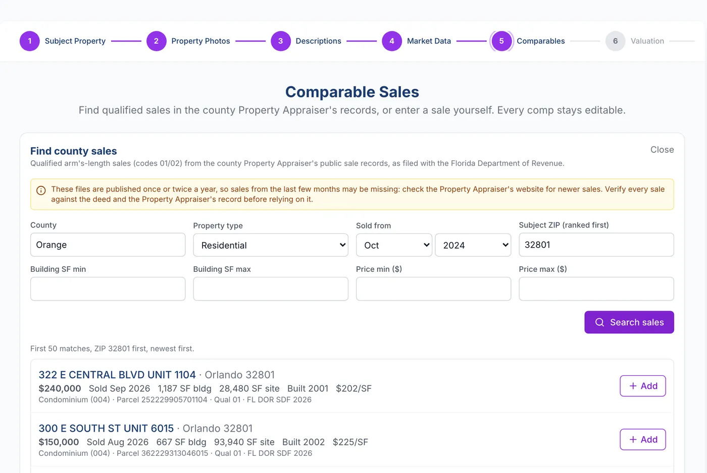 SwiftAppraise appraisal wizard on the Comparables step, listing qualified Orange County sales from Property Appraiser records