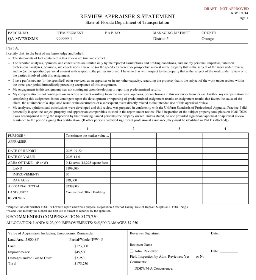 Draft preview of the Review Appraiser's Statement, State of Florida Department of Transportation Form R/W 1/1/14, page 1