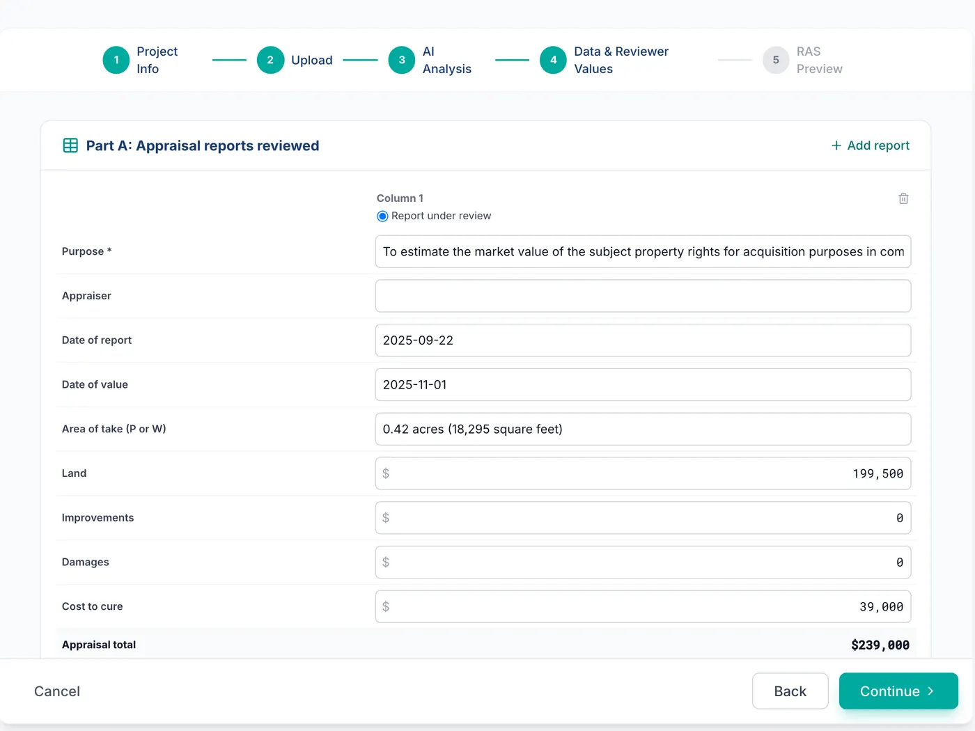 SwiftAppraise review wizard on the Data & Reviewer Values step, with the appraisal's land, improvements and cost to cure figures